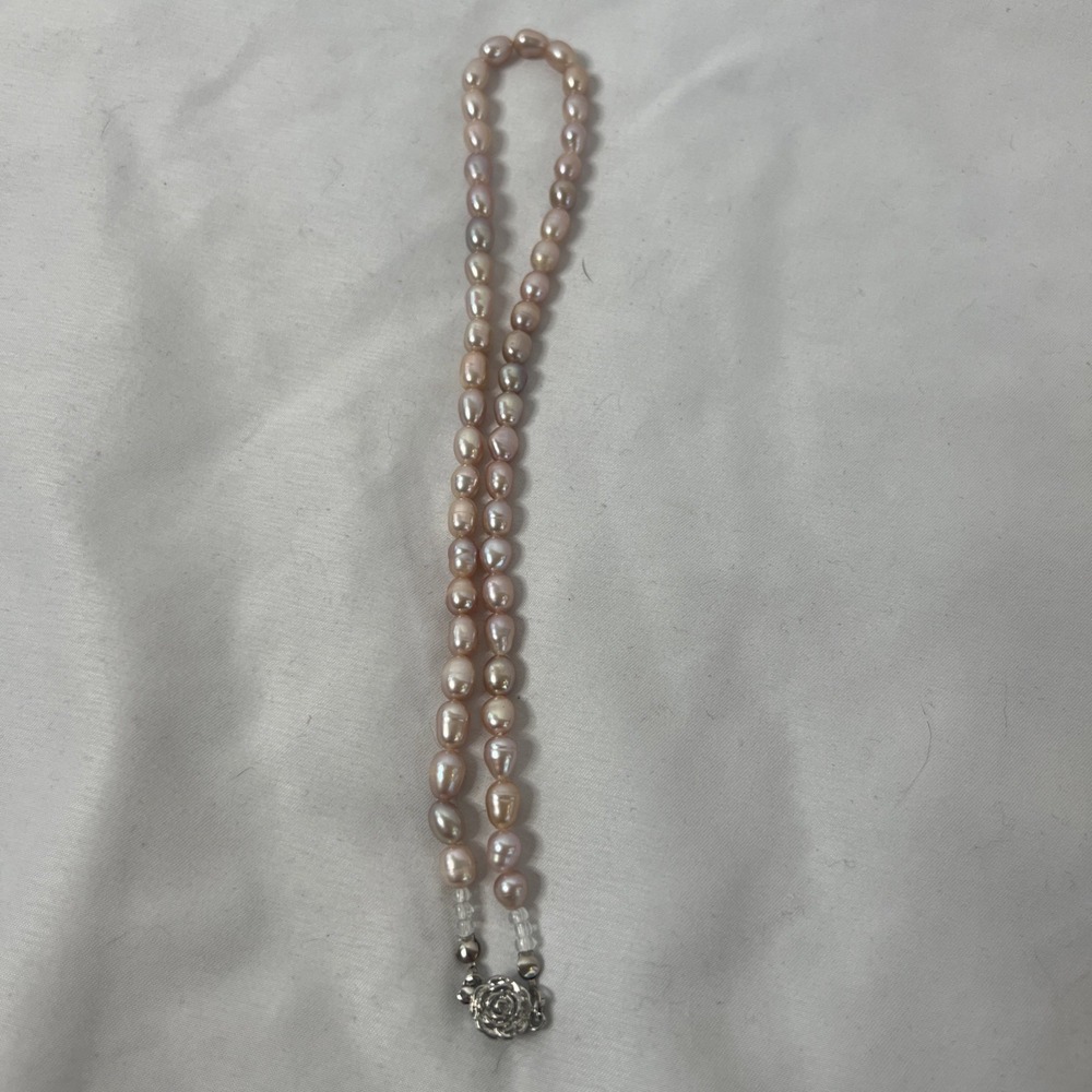 Pearl Necklace‎ With Silver Rose Bud Closure Soft Pink Women's Jewelry - Picture 5 of 10